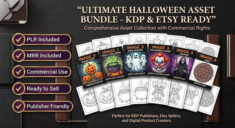 May include: A digital asset bundle featuring Halloween-themed coloring pages with text labels like ULTIMATE HALLOWEEN ASSET BUNDLE, PLR Included, MRR Included, Commercial Use, Ready to Sell, and Publisher Friendly, showcasing pumpkins, ghosts, and clowns.