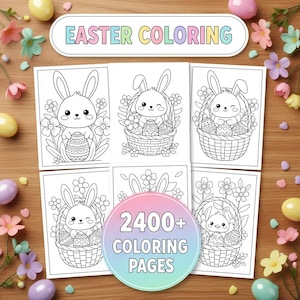 May include: A collection of Easter-themed coloring pages featuring bunnies, Easter eggs, and floral elements. The pages are black and white, with the text "EASTER COLORING" at the top and "2400+ COLORING PAGES" in a circular design.