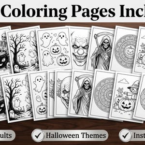 May include: A collection of black and white coloring pages featuring Halloween themes including pumpkins, ghosts, skeletons, haunted houses, and mandalas. The text 770+ Coloring Pages Included, Kids & Adults, Halloween Themes, and Instant Download is visible.