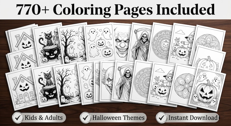 May include: A collection of black and white coloring pages featuring Halloween themes including pumpkins, ghosts, skeletons, haunted houses, and mandalas. The text 770+ Coloring Pages Included, Kids & Adults, Halloween Themes, and Instant Download is visible.
