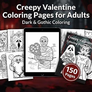 K&ouml;nnte beinhalten: Das Bild zeigt "Creepy Valentine Coloring Pages for Adults". Ein Tablet zeigt eine Mumie mit einem herzf&ouml;rmigen Blumenstrau&szlig;, umgeben von gedruckten Malvorlagen. Ein Buchcover mit einem Geist und einem Vampir ist ebenfalls zu sehen, mit 150 Seiten.