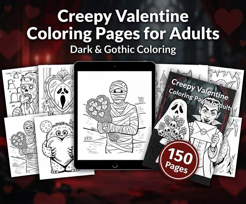 K&ouml;nnte beinhalten: Das Bild zeigt "Creepy Valentine Coloring Pages for Adults". Ein Tablet zeigt eine Mumie mit einem herzf&ouml;rmigen Blumenstrau&szlig;, umgeben von gedruckten Malvorlagen. Ein Buchcover mit einem Geist und einem Vampir ist ebenfalls zu sehen, mit 150 Seiten.