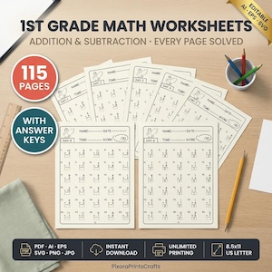 May include: A collection of 1st grade maths worksheets featuring addition and subtraction problems. The pages include fields for name, date, time, and score. The set includes 115 pages with answer keys, available in PDF, AI, EPS, and SVG formats, sized at 21.6x27.9 cm.