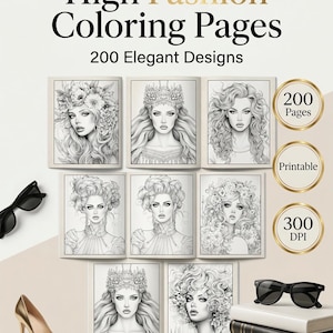 Puede incluir: Imagen promocional de "High Fashion Coloring Pages" con 200 diseños elegantes. La imagen muestra ilustraciones detalladas de mujeres con peinados y accesorios intrincados. Incluye gafas de sol negras, un tacón alto dorado y una pila de libros.