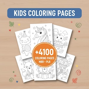 May include: A stack of children's coloring pages featuring various illustrations, including a unicorn, fox, and dinosaur. The pages are black and white, with the text "KIDS COLORING PAGES" at the top and "+4100 COLORING PAGES" in an orange circle.