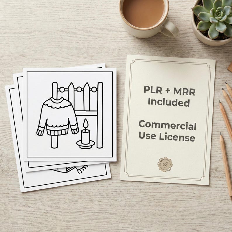 May include: A stack of white square cards with a black and white line drawing of a sweater hanging on a fence, a lit candle, and the text "PLR + MRR Included Commercial Use License" on a cream-coloured card. A cup of coffee and a succulent plant are also visible.