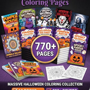 May include: A Mega Halloween Bundle Coloring Pages collection featuring 770+ pages across 10 books, 280+ covers, with PLR and MRR included. The books display various Halloween themes like pumpkins, ghosts, skeletons, and horror characters in colorful covers.