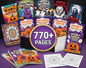 May include: A Mega Halloween Bundle Coloring Pages collection featuring 770+ pages across 10 books, 280+ covers, with PLR and MRR included. The books display various Halloween themes like pumpkins, ghosts, skeletons, and horror characters in colorful covers.