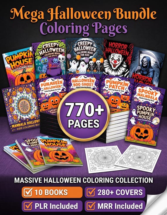 Mega Halloween Coloring Bundle, 770+ Pages, 10 Books (PLR, MRR)
