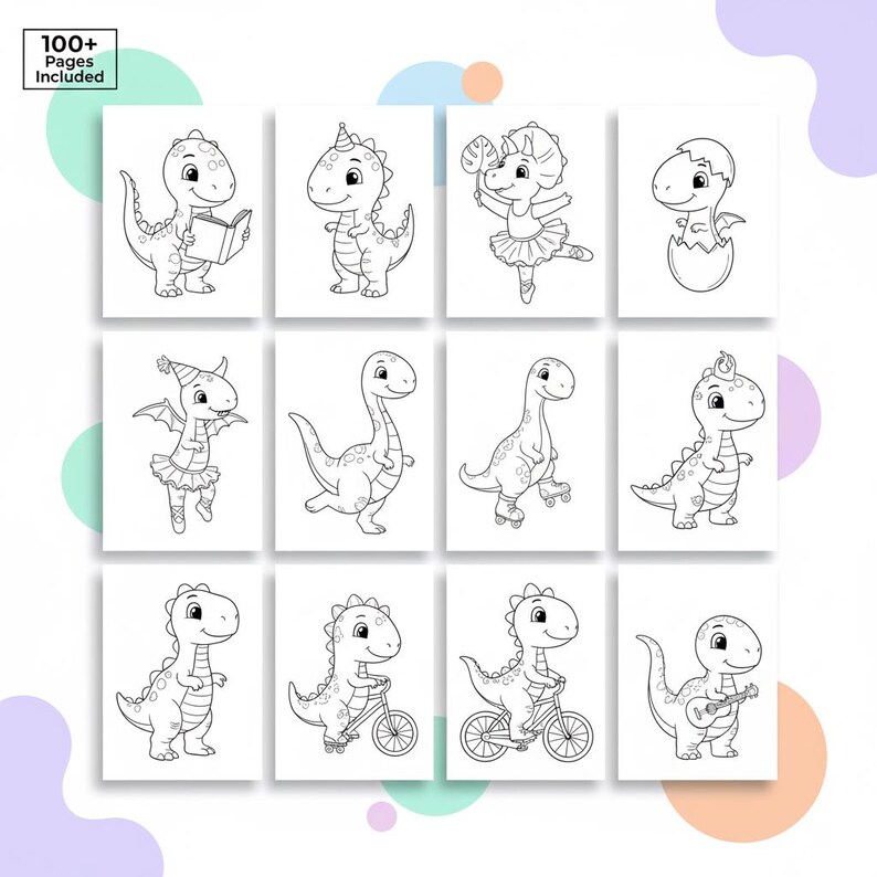 May include: A collection of twelve black and white dinosaur illustrations on white backgrounds. The dinosaurs are depicted in various poses, including reading, wearing a party hat, and riding a bicycle. The top left corner has the text "100+ Pages Included."