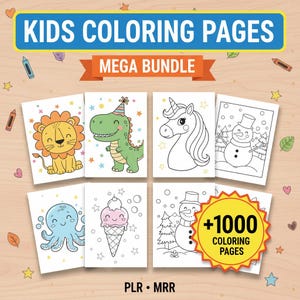 Könnte beinhalten: Ein Paket mit Malvorlagen für Kinder mit verschiedenen Illustrationen, darunter ein Löwe, ein Dinosaurier, ein Einhorn, ein Schneemann, ein Oktopus und ein Eis. Der Text oben lautet "KIDS COLORING PAGES MEGA BUNDLE". Ein gelbes Abzeichen zeigt "+1000 COLORING PAGES".