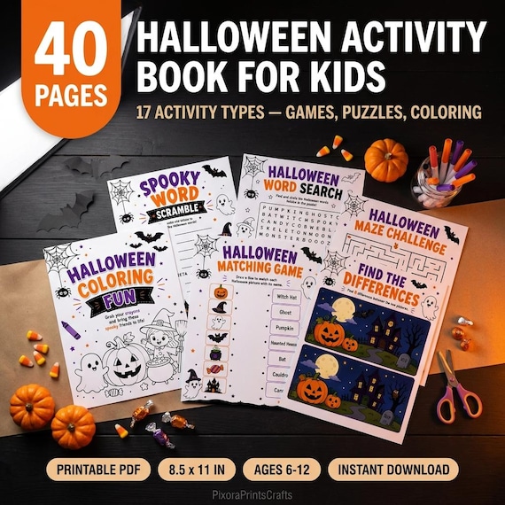 Halloween Activity Book for Kids, 40 Pages of Games, Puzzles, Coloring (Digital Download)