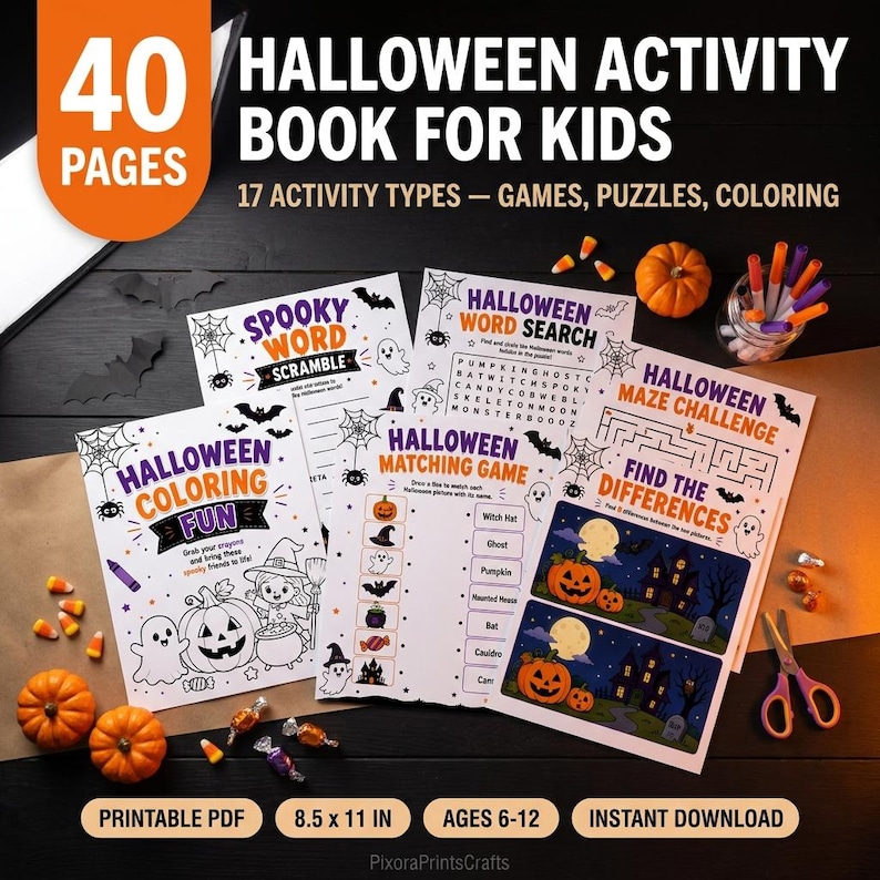 Halloween Activity Book for Kids, 40 Printable Party Games, Coloring Pages, Mazes, Bingo, Word Search, Classroom Halloween Digital Download