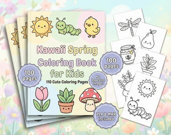 Kawaii Spring Coloring Book, 100 Bold & Easy Pages (Digital Download), PLR and MRR Included