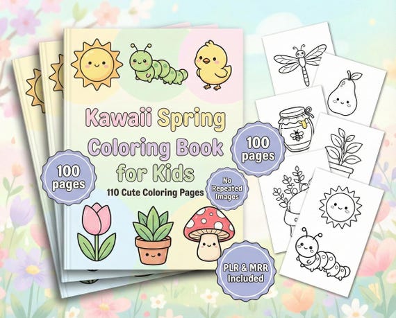 Kawaii Spring Coloring Book, 100 Bold & Easy Pages (Digital Download), PLR and MRR Included