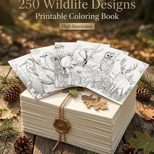 May include: A collection of wildlife design coloring pages, featuring detailed black and white illustrations of animals, stacked on a pile of paper. The text reads "250 Wildlife Designs Printable Coloring Book High Resolution". The stack is sealed with a wax seal.