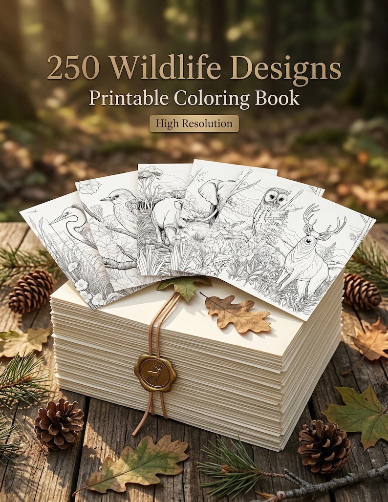 May include: A collection of wildlife design coloring pages, featuring detailed black and white illustrations of animals, stacked on a pile of paper. The text reads "250 Wildlife Designs Printable Coloring Book High Resolution". The stack is sealed with a wax seal.