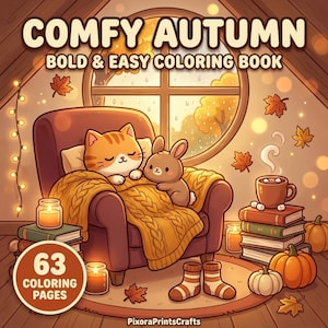 Puede incluir: Una portada de libro para colorear titulada COMFY AUTUMN BOLD & EASY COLORING BOOK con un gato naranja y un conejo marrón en un sillón bajo una manta amarilla. Incluye libros, calabazas, velas, calcetines y hojas en una habitación.