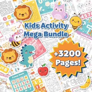 Può includere: Un Kids Activity Mega Bundle colorato con oltre 3200 pagine. L'immagine presenta vari fogli di attività, labirinti e pagine da colorare, insieme a simpatici adesivi di animali dei cartoni animati, tra cui un leone, un'ape e un dinosauro.