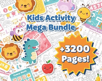 May include: A colorful Kids Activity Mega Bundle with over 3200 pages. The image features various activity sheets, mazes, and coloring pages, along with cute cartoon animal stickers, including a lion, bee, and dinosaur.