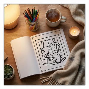 May include: A relaxing scene with a coloring book open to a rocking chair illustration. A mug of tea steams beside a lit candle, coloured pencils, and a soft blanket. A small succulent plant and a wooden lamp complete the scene.