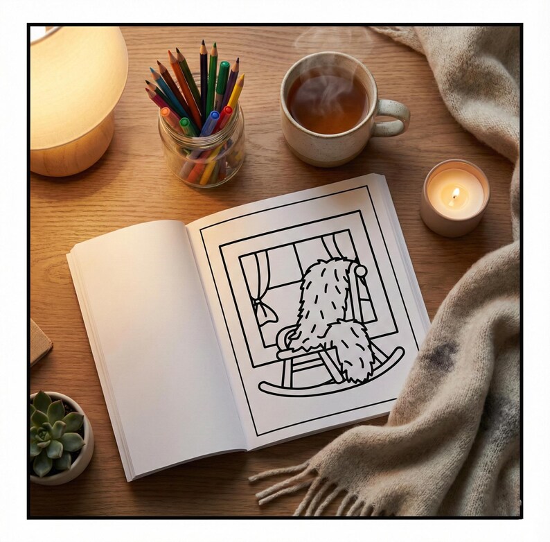 May include: A relaxing scene with a coloring book open to a rocking chair illustration. A mug of tea steams beside a lit candle, coloured pencils, and a soft blanket. A small succulent plant and a wooden lamp complete the scene.