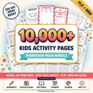 May include: A digital collection of 10,000+ kids activity pages in a workbook mega bundle. The set includes black and white printable worksheets featuring mazes, coloring pages, math activities, and word searches with 300 DPI print ready quality.