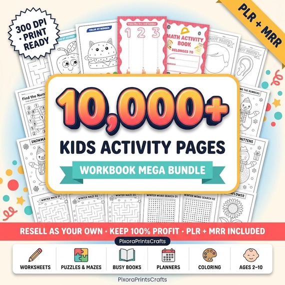 Kids Activity Workbook Bundle PLR MRR | 10,000+ Printable Worksheets, Busy Books, Puzzles & Planners | Preschool Homeschool Resell Rights