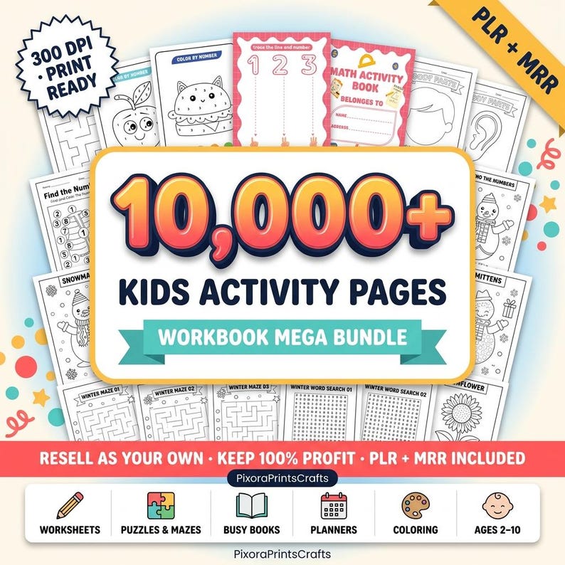 Peut inclure: Une collection num&eacute;rique de 10 000+ pages d'activit&eacute;s pour enfants dans un m&eacute;ga pack de cahiers d'exercices. L'ensemble comprend des feuilles de travail imprimables en noir et blanc avec des labyrinthes, des coloriages et des jeux math&eacute;matiques.