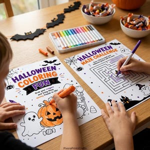 May include: Two white activity sheets featuring Halloween themes. One sheet titled Halloween Coloring Fun shows a pumpkin and ghost, while the other titled Halloween Maze Challenge features a maze. Both sheets include black and purple text.