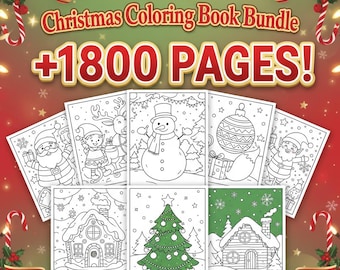 Peut inclure: Un ensemble de livres de coloriage de Noël avec plus de 1800 pages. La couverture présente diverses illustrations sur le thème de Noël, dont le Père Noël, un bonhomme de neige et un sapin de Noël décoré. Le texte indique "Christmas Coloring Book Bundle" et "+1800 PAGES!"