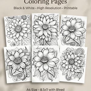 May include: A collection of six black and white Zentangle flower coloring pages. The pages feature detailed floral designs with intricate patterns. Text at the top reads "300+ Zentangle Flower Coloring Pages". The pages are A4 size, 8.5x11 inches with bleed.