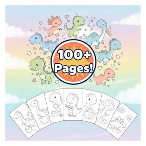May include: A colorful illustration of various cartoon dinosaurs, with the text "100+ Pages!" in a circular design. Below, a fan of coloring pages featuring different dinosaur designs is displayed.