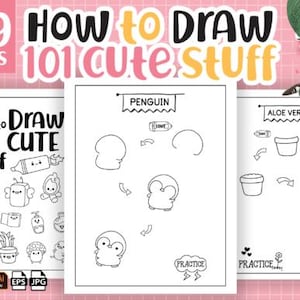 May include: A book titled "How to Draw 101 Cute Stuff" with step-by-step drawing instructions. The book features illustrations of various cute objects, including a penguin and aloe vera plants. The cover displays the title and the number of pages.