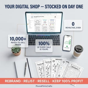 Peut inclure: Un ordinateur portable affichant une boutique Etsy avec des pages d'activit&eacute;s num&eacute;riques, un smartphone montrant un graphique de ventes, une tasse de caf&eacute; et des feuilles d'activit&eacute;s imprim&eacute;es. Les textes incluent 10,000+ READY-TO-SELL PAGES, 100% OF EVERY SALE IS YOURS et 0 ROYALTIES, EVER.