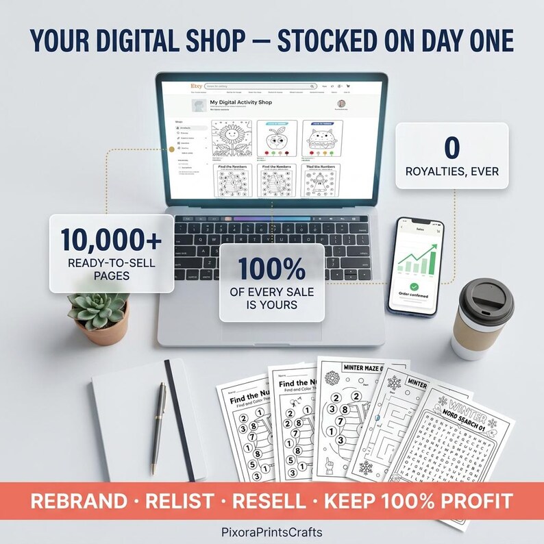 Peut inclure: Un ordinateur portable affichant une boutique Etsy avec des pages d'activit&eacute;s num&eacute;riques, un smartphone montrant un graphique de ventes, une tasse de caf&eacute; et des feuilles d'activit&eacute;s imprim&eacute;es. Les textes incluent 10,000+ READY-TO-SELL PAGES, 100% OF EVERY SALE IS YOURS et 0 ROYALTIES, EVER.