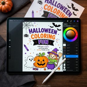 May include: A digital tablet displaying a Halloween coloring page with the text HALLOWEEN COLORING FUN. The illustration features a white ghost, an orange jack-o'-lantern, and a witch holding a broom next to a purple cauldron with green bubbles.