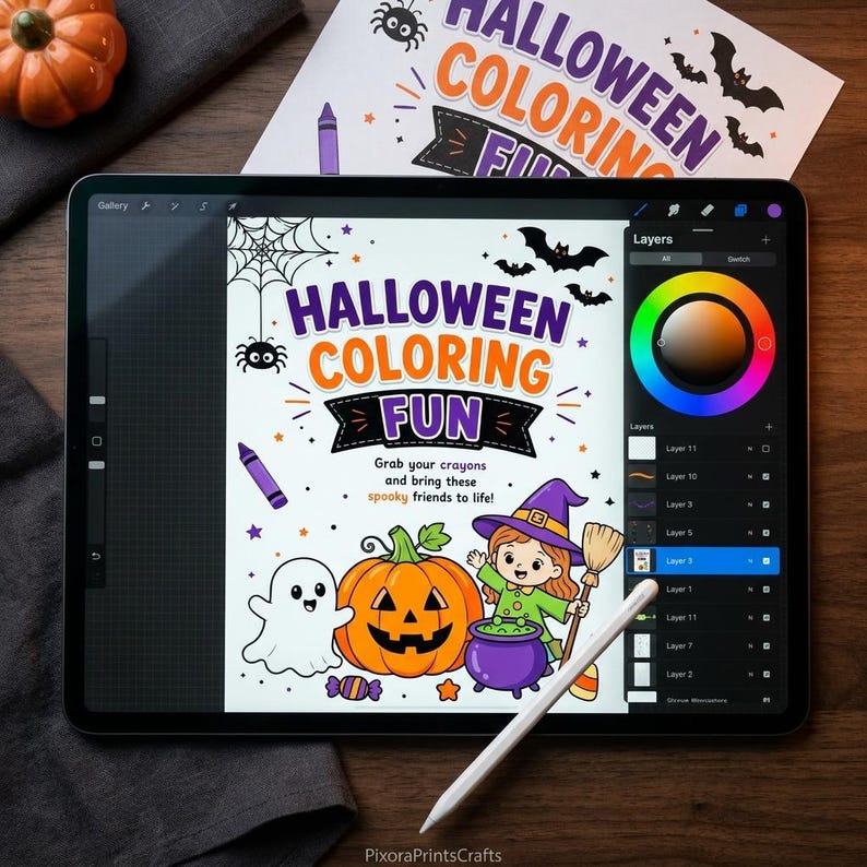 May include: A digital tablet displaying a Halloween coloring page with the text HALLOWEEN COLORING FUN. The illustration features a white ghost, an orange jack-o'-lantern, and a witch holding a broom next to a purple cauldron with green bubbles.