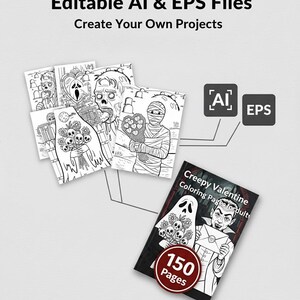 K&ouml;nnte beinhalten: Eine Sammlung von Schwarz-Wei&szlig;-Malvorlagen mit gruseligen Charakteren, darunter Geister, Zombies und Mumien. Das Bild zeigt auch ein Buch mit dem Titel "Creepy Valentine Coloring Pages for Adults" mit 150 Seiten und dem Text "Editable AI & EPS Files".