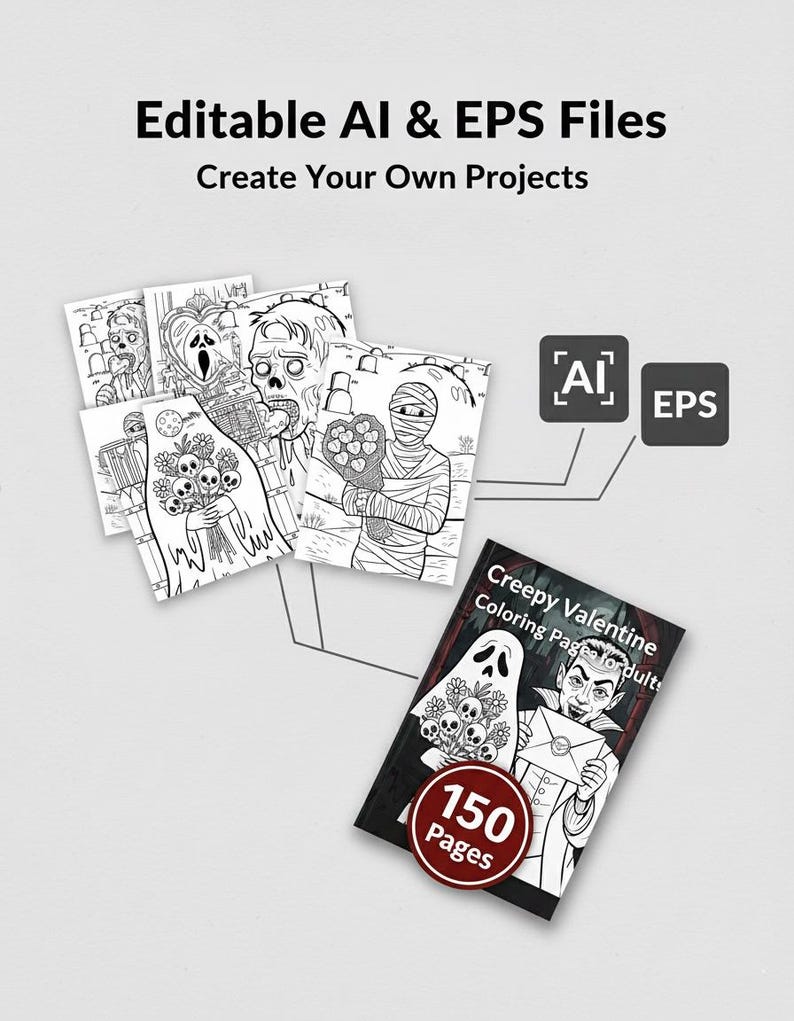 K&ouml;nnte beinhalten: Eine Sammlung von Schwarz-Wei&szlig;-Malvorlagen mit gruseligen Charakteren, darunter Geister, Zombies und Mumien. Das Bild zeigt auch ein Buch mit dem Titel "Creepy Valentine Coloring Pages for Adults" mit 150 Seiten und dem Text "Editable AI & EPS Files".