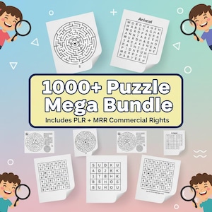 May include: A promotional image for a puzzle bundle. The image features several puzzle types, including mazes, word searches, and Sudoku. The title "1000+ Puzzle Mega Bundle" is prominently displayed, along with the text "Includes PLR + MRR Commercial Rights".