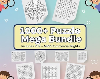 Può includere: Immagine promozionale per un pacchetto di puzzle. L'immagine presenta diversi tipi di puzzle, tra cui labirinti, cruciverba e Sudoku. Il titolo "1000+ Puzzle Mega Bundle" è ben visibile, insieme al testo "Includes PLR + MRR Commercial Rights".