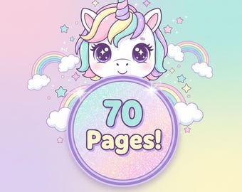 May include: A colorful illustration of a unicorn with a rainbow mane and horn. The image features a circular design with the text "70 Pages!" and the words "Unicorn Coloring Pages for Kids". The background has pastel colors.
