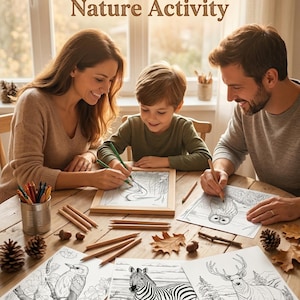 May include: A family colouring nature-themed pages together at a wooden table. The pages feature a bird, zebra, and deer. The text "Fun & Educational Nature Activity" is at the top. Coloured pencils and a pencil holder are also on the table.