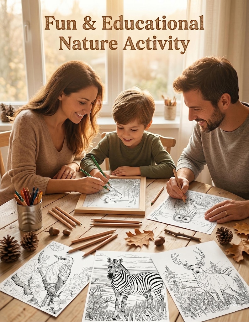 May include: A family colouring nature-themed pages together at a wooden table. The pages feature a bird, zebra, and deer. The text "Fun & Educational Nature Activity" is at the top. Coloured pencils and a pencil holder are also on the table.