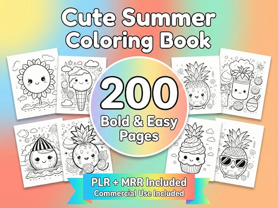 Summer Coloring Book, 200 Bold and Easy for kids, PLR MRR (Digital Download)