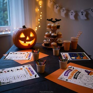 May include: A Halloween party setup featuring a glowing jack-o'-lantern, a three-tier cupcake stand, and paper cups filled with crayons. Printed activity sheets include a Halloween matching game and a pumpkin coloring page on orange paper.