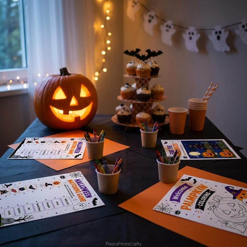 May include: A Halloween party setup featuring a glowing jack-o'-lantern, a three-tier cupcake stand, and paper cups filled with crayons. Printed activity sheets include a Halloween matching game and a pumpkin coloring page on orange paper.