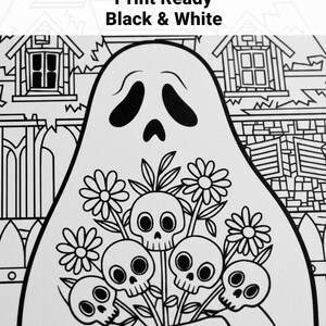 K&ouml;nnte beinhalten: Schwarz-Wei&szlig;-Illustration eines Geistes, der einen Blumenstrau&szlig; aus Totenkopfblumen h&auml;lt. Das Bild tr&auml;gt die Aufschrift "300 DPI High Quality Print Ready Black & White". Im Hintergrund sind ein Haus und ein Zaun zu sehen.