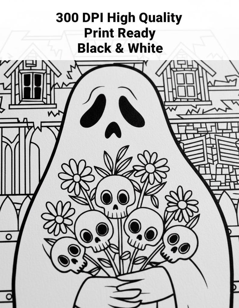 K&ouml;nnte beinhalten: Schwarz-Wei&szlig;-Illustration eines Geistes, der einen Blumenstrau&szlig; aus Totenkopfblumen h&auml;lt. Das Bild tr&auml;gt die Aufschrift "300 DPI High Quality Print Ready Black & White". Im Hintergrund sind ein Haus und ein Zaun zu sehen.